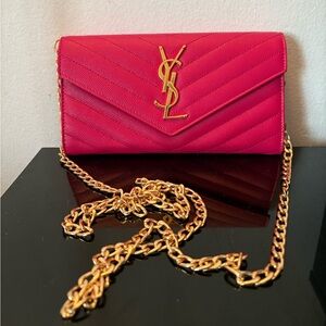Yves Saint Laurent Pink Chevron Quilted Envelope Crossbody with Gold Chain